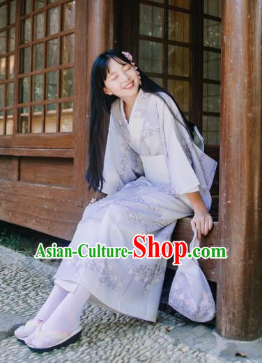 Traditional Japanese Classical Printing Light Purple Kimono Asian Japan Costume Geisha Yukata Dress for Women