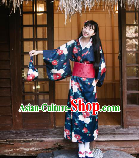 Traditional Japanese Classical Printing Camellia Navy Kimono Asian Japan Costume Geisha Yukata Dress for Women