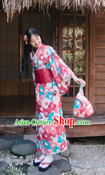 Traditional Japanese Classical Printing Camellia Rosy Kimono Asian Japan Costume Geisha Yukata Dress for Women
