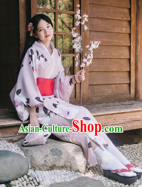Traditional Japanese Classical Printing Camellia Violet Kimono Asian Japan Costume Geisha Yukata Dress for Women