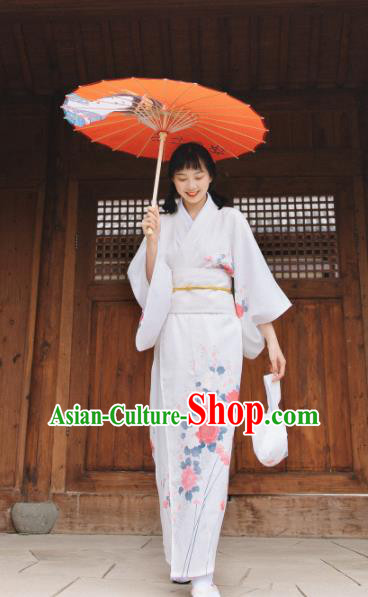 Traditional Japanese Classical Printing Peony White Kimono Asian Japan Costume Geisha Yukata Dress for Women