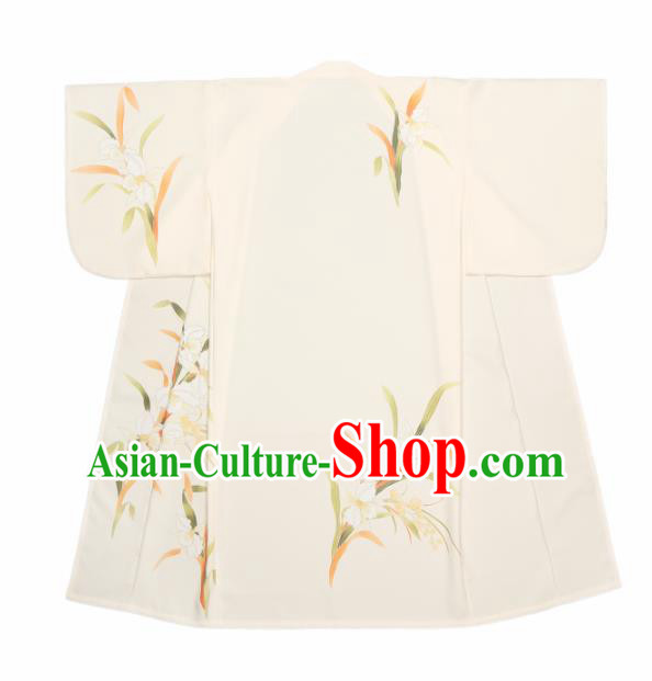 Traditional Japanese Classical Printing Orchid White Kimono Asian Japan Costume Geisha Yukata Dress for Women