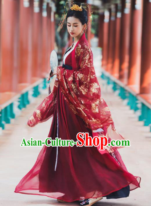 Ancient Chinese Tang Dynasty Wedding Historical Costume Traditional Court Princess Red Hanfu Dress for Women