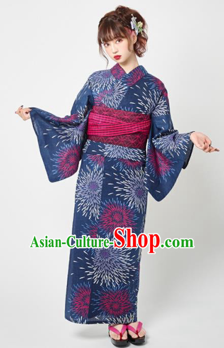 Japanese Classical Printing Fireworks Navy Kimono Asian Japan Traditional Costume Geisha Yukata Dress for Women