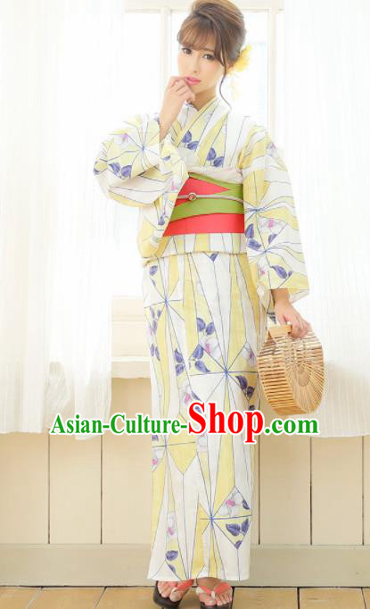 Japanese Classical Printing Light Yellow Kimono Asian Japan Traditional Costume Geisha Yukata Dress for Women