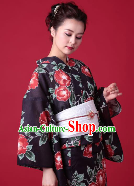 Japanese Classical Printing Camellia Black Kimono Asian Japan Traditional Costume Geisha Yukata Dress for Women
