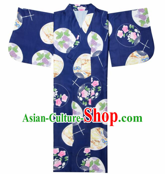 Japanese Classical Printing Fan Navy Kimono Asian Japan Traditional Costume Geisha Yukata Dress for Women