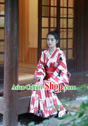 Japanese Classical Printing Cats Red Kimono Asian Japan Traditional Costume Geisha Yukata Dress for Women