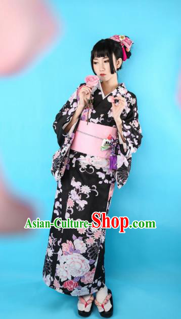 Japanese Classical Printing Peony Black Kimono Asian Japan Traditional Costume Geisha Yukata Dress for Women