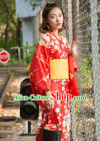 Japanese Classical Printing Plum Blossom Red Kimono Asian Japan Traditional Costume Geisha Yukata Dress for Women