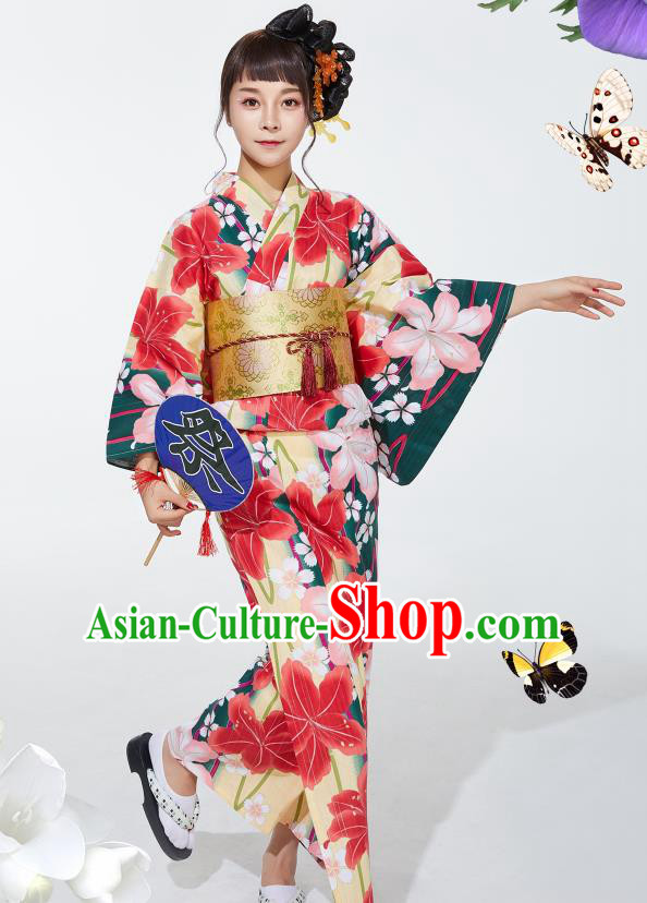 Japanese Classical Printing Lily Flowers Yukata Robe Asian Japan Traditional Costume Geisha Furisode Kimono Dress for Women