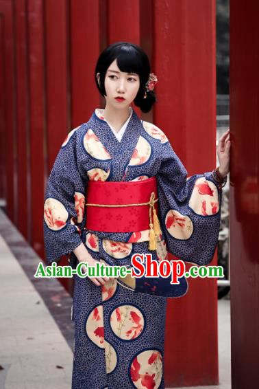 Japanese Classical Printing Navy Blue Kimono Asian Japan Traditional Costume Geisha Yukata Dress for Women