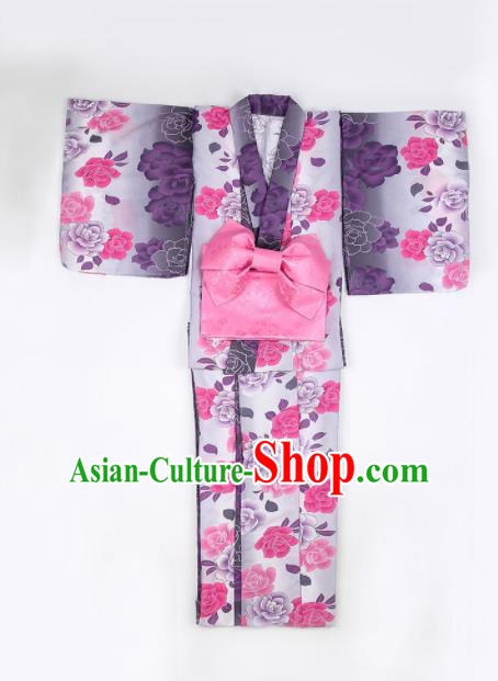 Japanese Classical Printing Peony Purple Furisode Kimono Asian Japan Traditional Costume Geisha Yukata Dress for Women