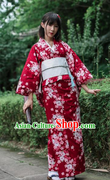 Japanese Classical Printing Sakura Wine Red Furisode Kimono Asian Japan Traditional Costume Geisha Yukata Dress for Women