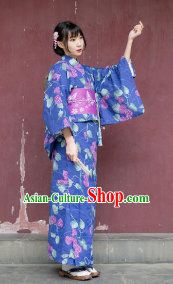 Japanese Classical Printing Blue Furisode Kimono Asian Japan Traditional Costume Geisha Yukata Dress for Women