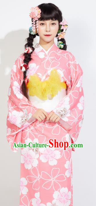 Japanese Classical Printing Pink Yukata Dress Asian Japan Traditional Costume Geisha Furisode Kimono for Women