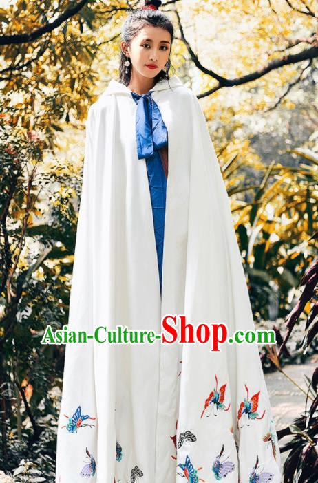 Ancient Chinese Ming Dynasty Historical Costume Traditional Palace Princess Embroidered Butterfly White Cloak for Women