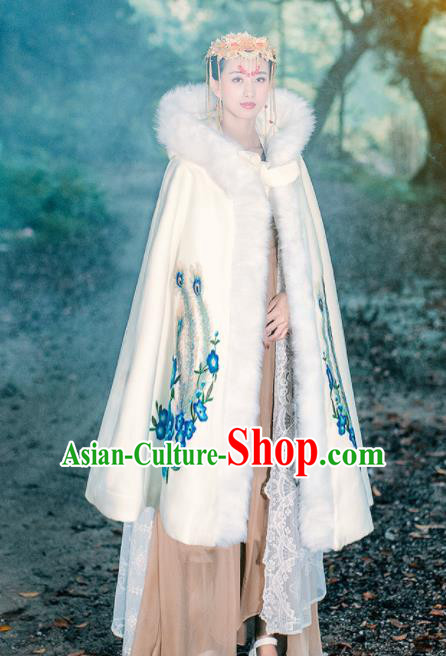 Ancient Chinese Ming Dynasty Historical Costume Traditional Palace Princess Embroidered Peony White Cloak for Women