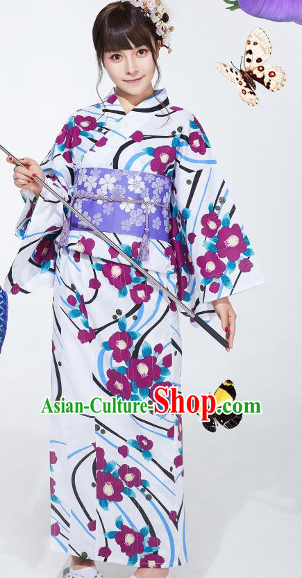Japanese Classical Printing Purple Flowers Yukata Robe Asian Japan Traditional Costume Geisha Furisode Kimono Dress for Women