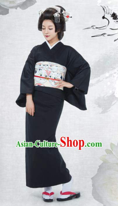 Japanese Classical Black Yukata Robe Asian Japan Traditional Costume Geisha Furisode Kimono Dress for Women