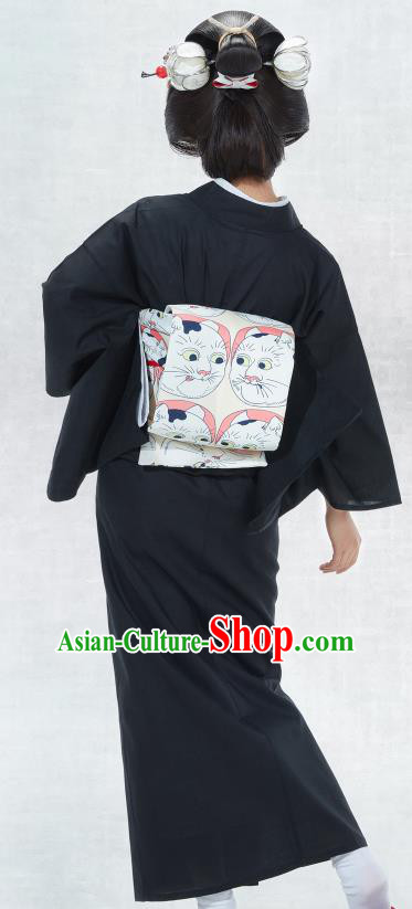 Japanese Classical Black Yukata Robe Asian Japan Traditional Costume Geisha Furisode Kimono Dress for Women