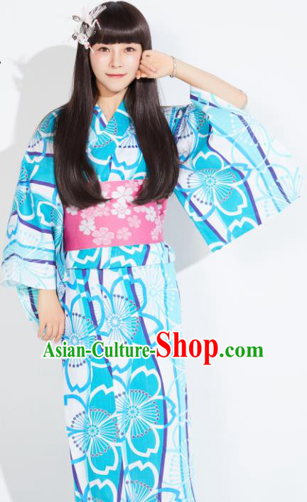 Japanese Classical Printing Blue Yukata Robe Asian Japan Traditional Costume Geisha Furisode Kimono Dress for Women