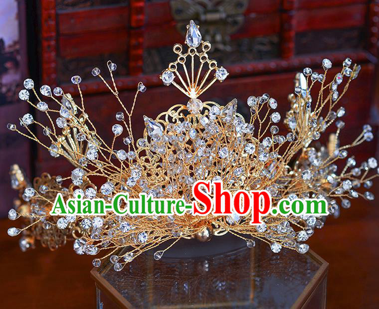 Handmade Baroque Bride Beads Royal Crown European Queen Wedding Hair Accessories for Women
