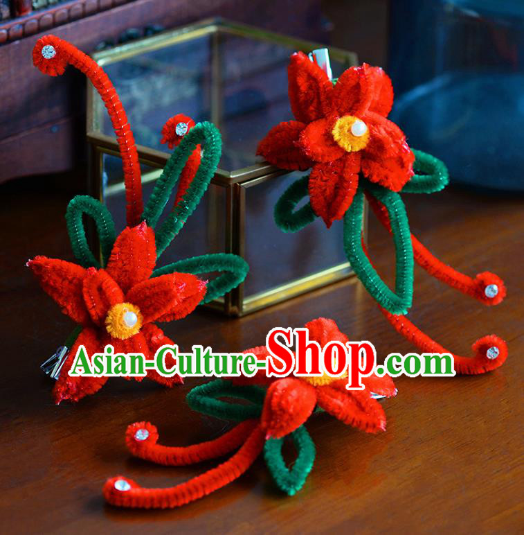 Traditional Chinese Ancient Palace Red Velvet Flower Hair Claws Hairpins Handmade Wedding Hair Accessories for Women