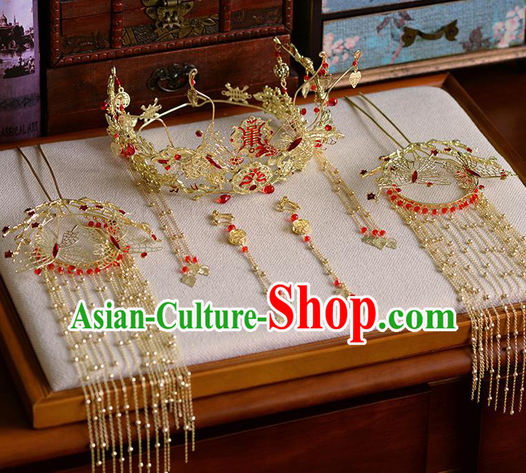 Traditional Chinese Handmade Wedding Hair Accessories Ancient Bride Phoenix Coronet Tassel Hairpins for Women
