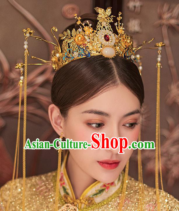 Traditional Chinese Ancient Bride Tassel Hairpins Blueing Phoenix Coronet Handmade Wedding Hair Accessories for Women