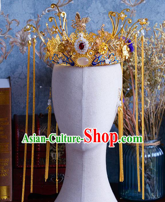 Traditional Chinese Ancient Bride Tassel Hairpins Blueing Phoenix Coronet Handmade Wedding Hair Accessories for Women