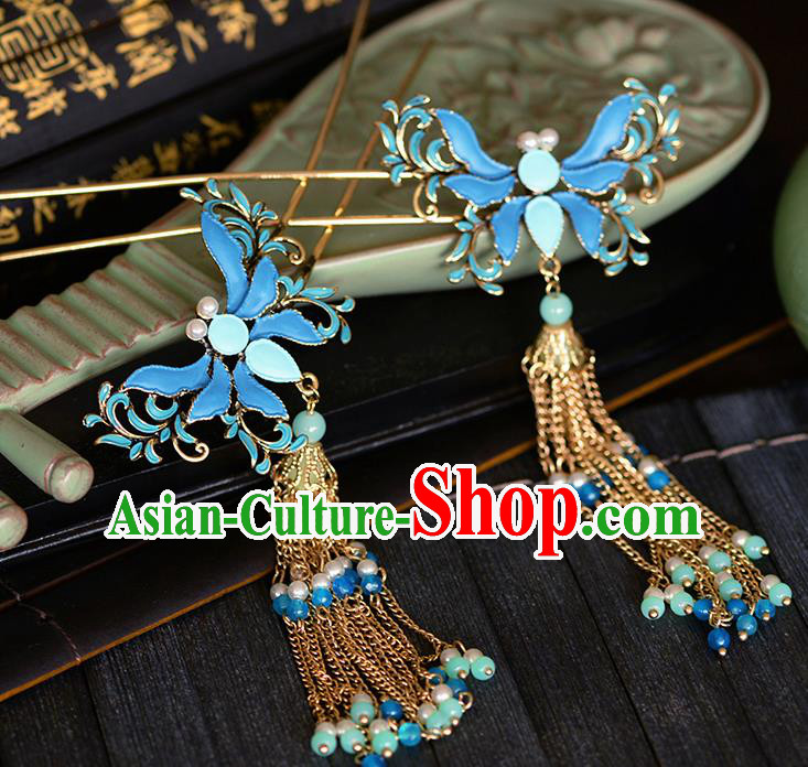 Traditional Chinese Ancient Palace Cloisonne Butterfly Tassel Hairpins Handmade Wedding Hair Accessories for Women