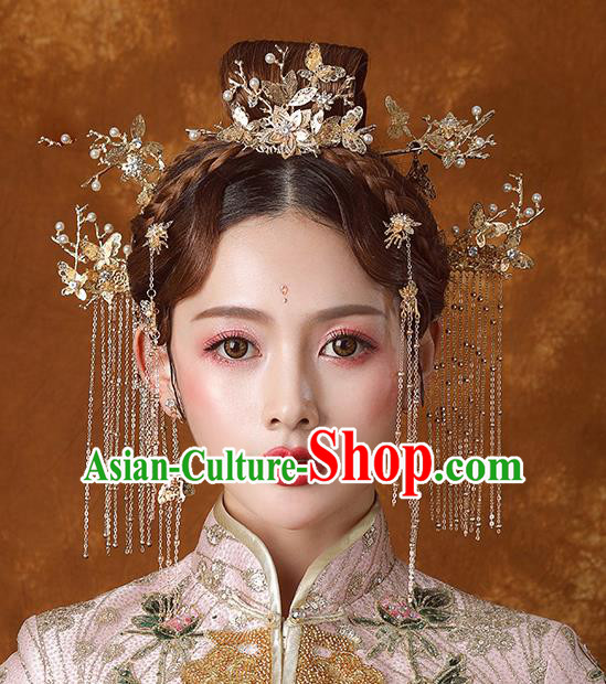 Traditional Chinese Ancient Bride Tassel Hairpins Golden Hair Comb Handmade Wedding Hair Accessories for Women