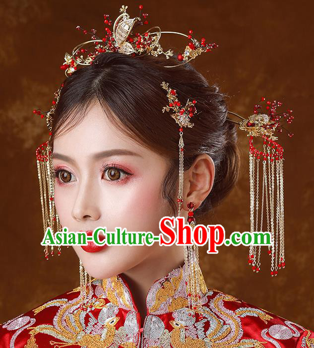 Traditional Chinese Ancient Bride Tassel Hairpins Butterfly Hair Comb Handmade Wedding Hair Accessories for Women