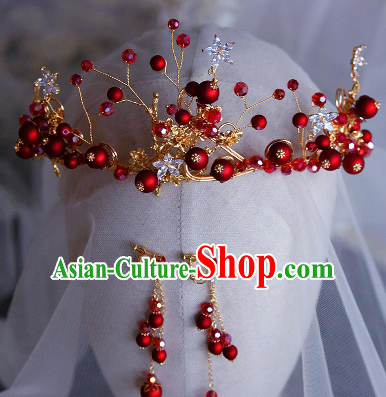 Handmade Wedding Hair Accessories Baroque Bride Red Beads Royal Crown for Women