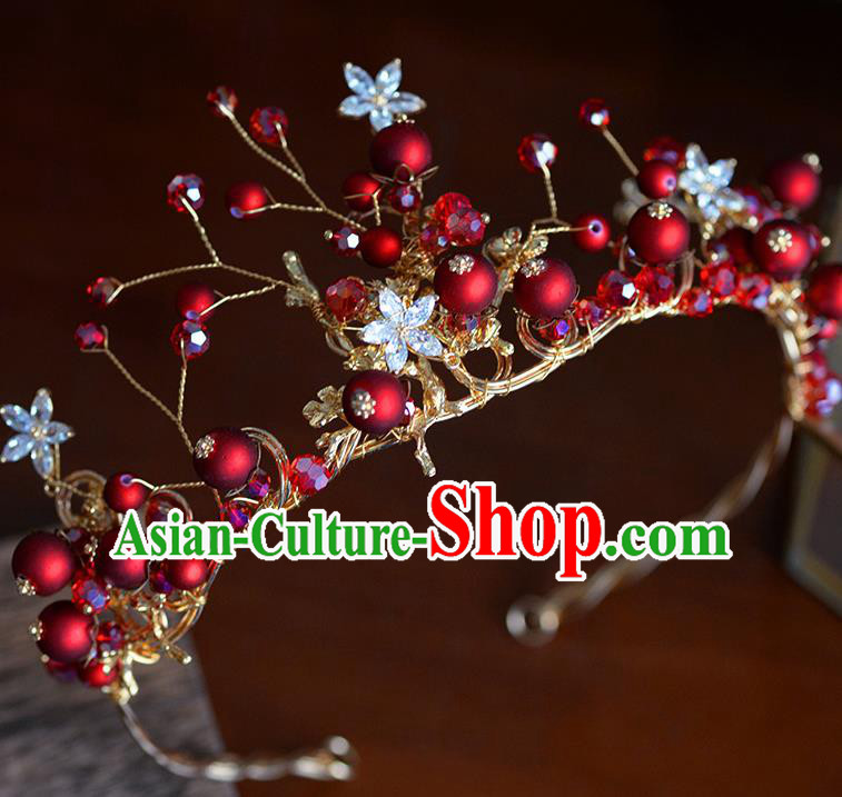 Handmade Wedding Hair Accessories Baroque Bride Red Beads Royal Crown for Women