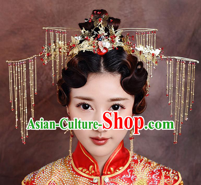 Traditional Chinese Ancient Bride Hairpins Golden Butterfly Tassel Phoenix Coronet Handmade Wedding Hair Accessories for Women