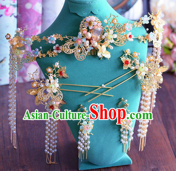 Traditional Chinese Ancient Bride Hairpins Tassel Hair Comb Handmade Wedding Hair Accessories for Women