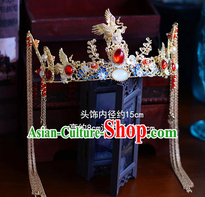 Traditional Chinese Ancient Agate Crane Phoenix Coronet Bride Hairpins Handmade Wedding Hair Accessories for Women