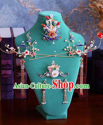 Traditional Chinese Ancient Cloisonne Phoenix Hair Crown Bride Hairpins Handmade Wedding Hair Accessories for Women