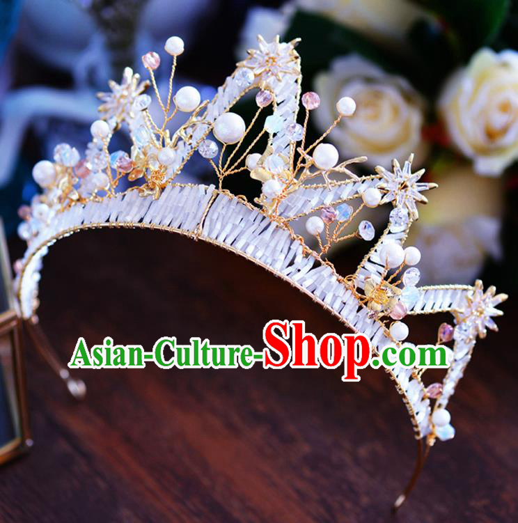 Handmade Baroque Bride Golden Beads Royal Crown European Queen Wedding Hair Accessories for Women
