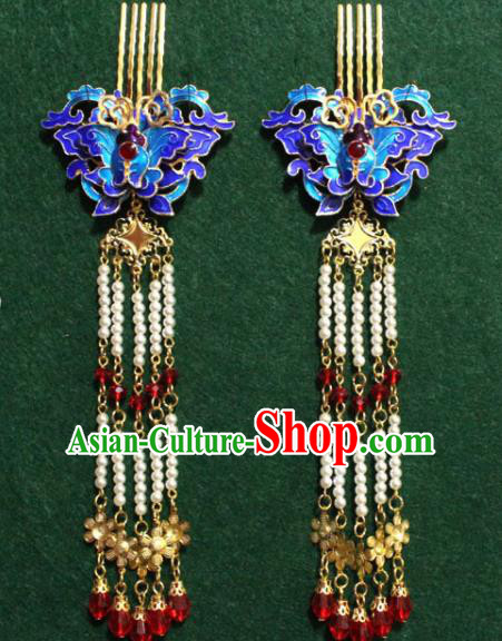 Traditional Chinese Ancient Palace Cloisonne Butterfly Hair Comb Tassel Hairpins Handmade Wedding Hair Accessories for Women