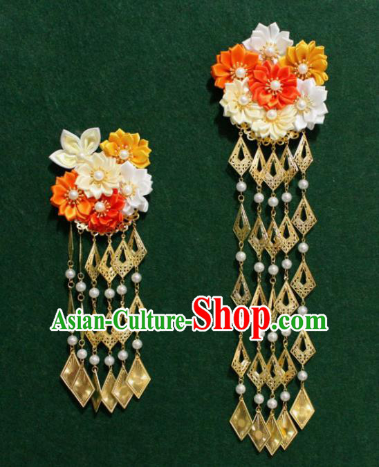 Traditional Chinese Ancient Tang Dynasty Palace Flowers Hair Claw Golden Tassel Hairpins Handmade Wedding Hair Accessories for Women