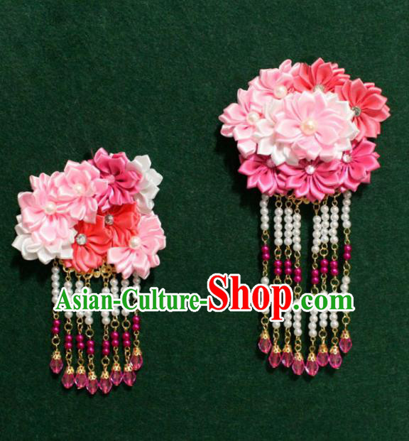 Traditional Chinese Ancient Tang Dynasty Palace Pink Flowers Hair Claw Beads Tassel Hairpins Handmade Wedding Hair Accessories for Women