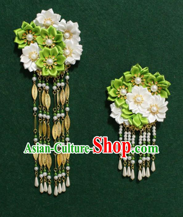 Traditional Chinese Ancient Tang Dynasty Palace Green Flowers Hair Claw Tassel Hairpins Handmade Wedding Hair Accessories for Women