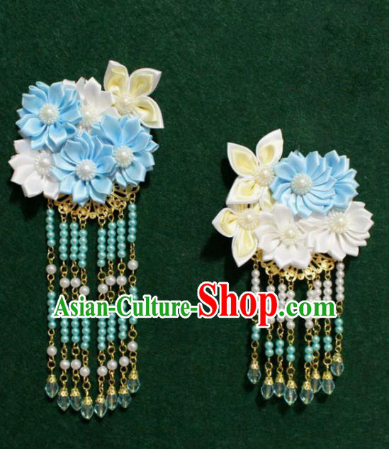 Traditional Chinese Ancient Tang Dynasty Palace Blue Flowers Hair Claw Tassel Hairpins Handmade Wedding Hair Accessories for Women