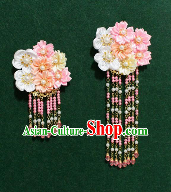 Traditional Chinese Ancient Tang Dynasty Palace Pink Flowers Tassel Hair Claw Hairpins Handmade Wedding Hair Accessories for Women