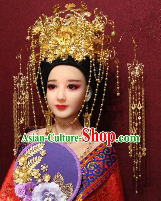 Traditional Chinese Ancient Queen Hanfu Luxury Golden Phoenix Coronet Bride Hairpins Handmade Wedding Hair Accessories for Women