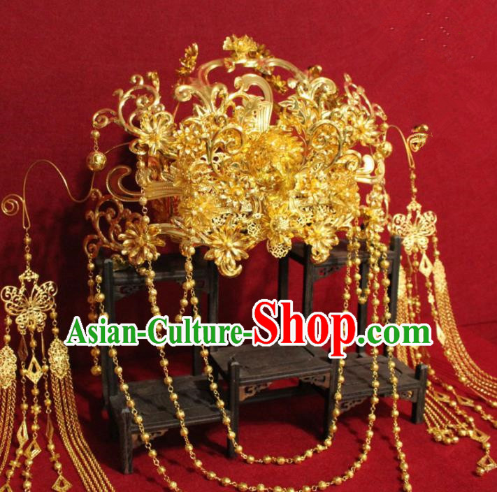 Traditional Chinese Ancient Queen Hanfu Luxury Golden Phoenix Coronet Bride Hairpins Handmade Wedding Hair Accessories for Women