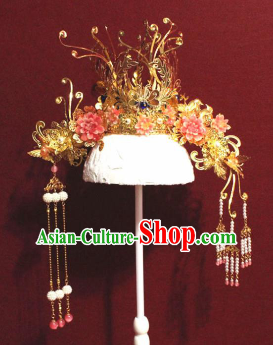 Traditional Chinese Ancient Queen Hanfu Pink Flowers Phoenix Coronet Bride Hairpins Handmade Wedding Hair Accessories for Women